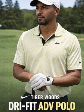 Nike Tiger Woods Dri-FIT ADV Polo Medium Yellow Print Golf Performance Shirt